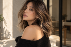Woman with soft caramel balayage and natural waves