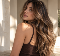 Long brunette hair with soft caramel balayage in Calgary