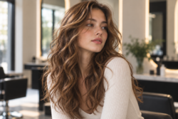 Woman with soft natural waves after a hair perm in Calgary salon